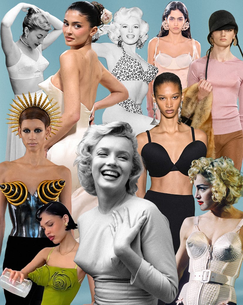 a collage of images of celebrities throughout history wearing various iterations of the cone bra