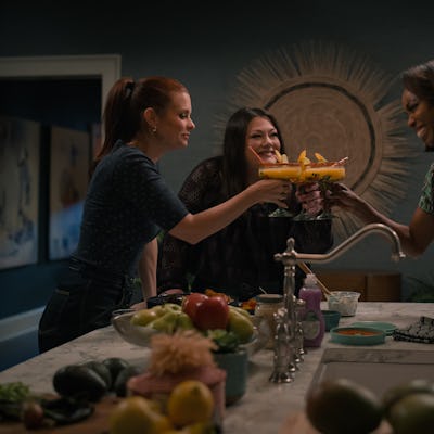 Sweet Magnolias. (L to R) JoAnna Garcia Swisher as Maddie Townsend, Brooke Elliott as Dana Sue Sullivan and Heather Headley as Helen Decatur in episode 404 of Sweet Magnolias.
