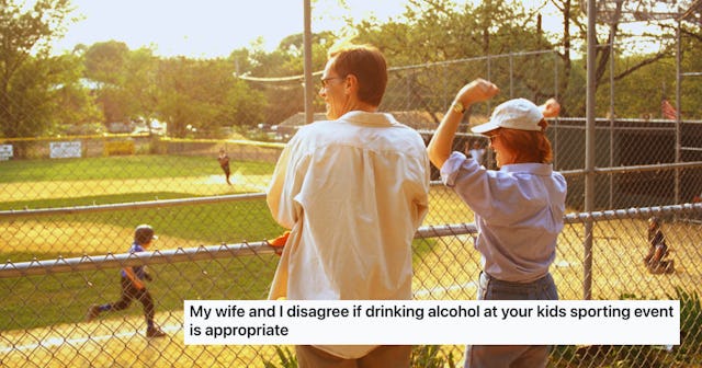 A couple watches a kids' baseball game from a fence, discussing the appropriateness of drinking alco...