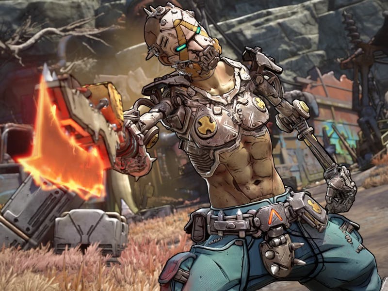 A muscular, cybernetic character stands confidently in a post-apocalyptic landscape, holding a glowi...