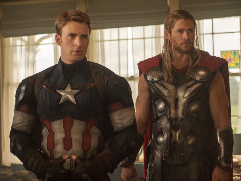 Chris Evans as Steve Rogers/Captain America and Chris Hemsworth as Thor Odinson in Avengers: Age of ...