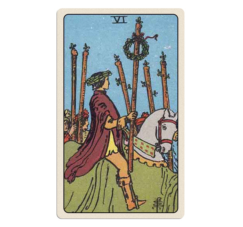 Your tarot card for Friday April 4, 2025 is the Six of Wands.