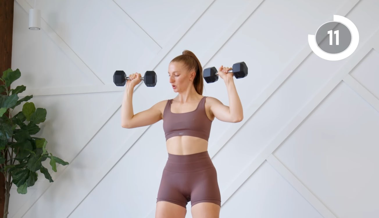 Arm exercises with 10-pound dumbbells.