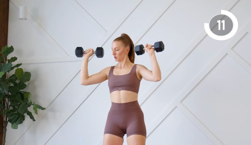 Arm exercises with 10-pound dumbbells.