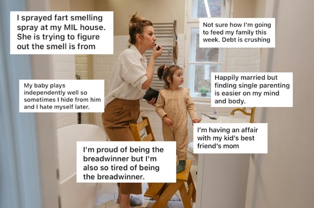 A woman and a child are in a bathroom. Various text boxes show humorous and relatable thoughts about...