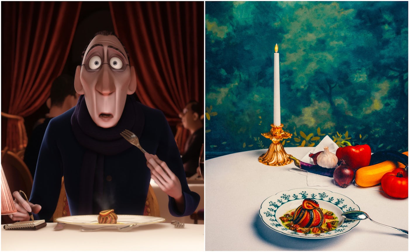 (L) A scene from the Disney movie 'Ratatouille,' and (R) the ratatouille dish available at Disneyland Paris' new restaurant.