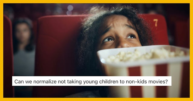 A kid watches a movie while eating popcorn.