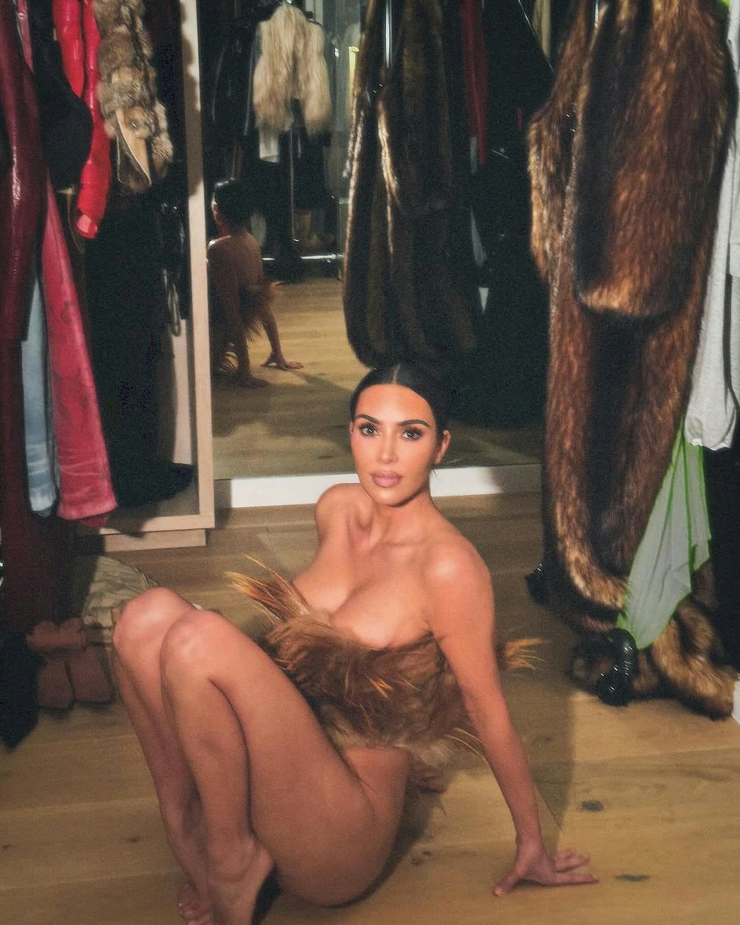 Kim Kardashian forgot to wear pants and underwear with her fur top.