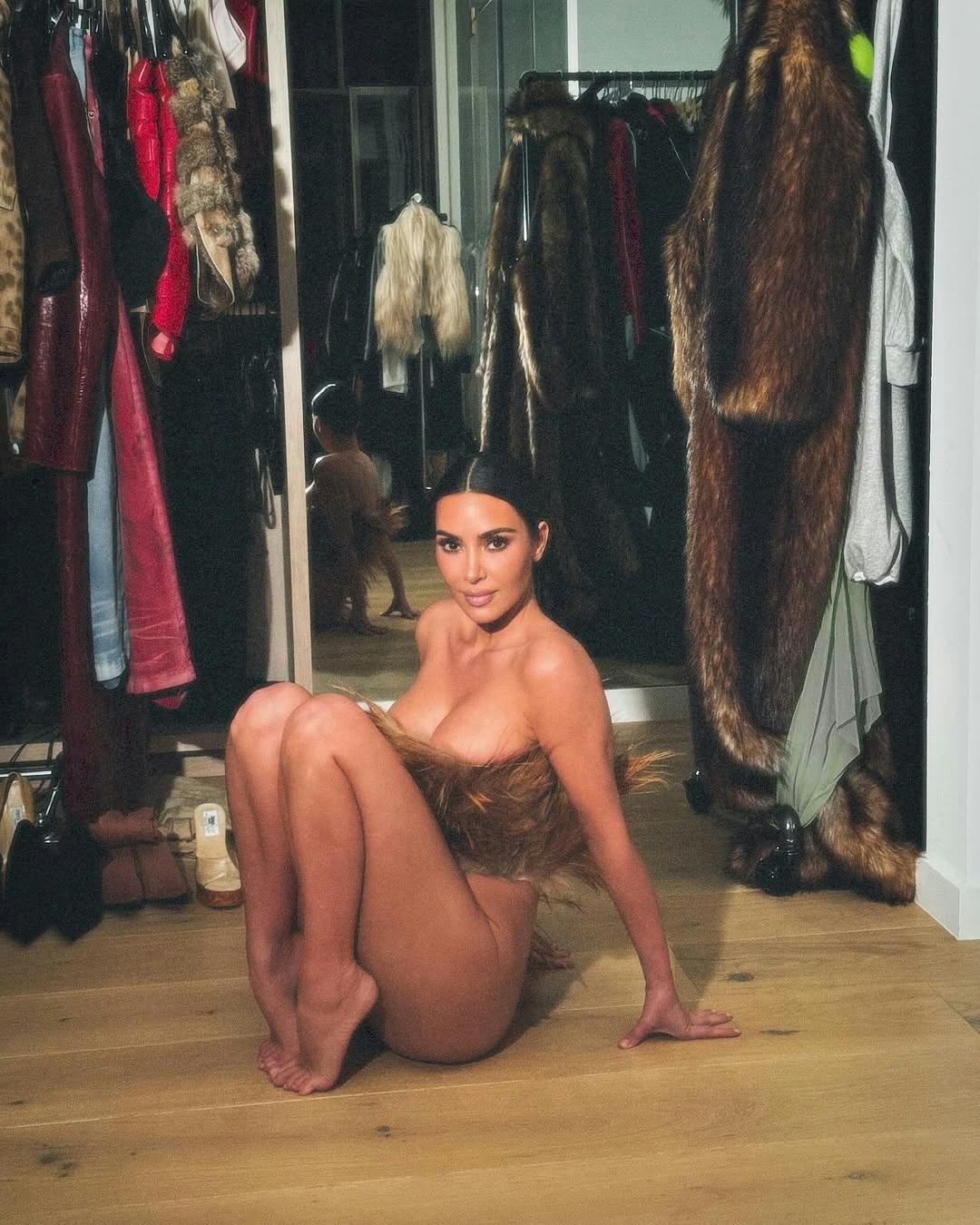 Kim Kardashian forgot to wear pants and underwear with her fur top.