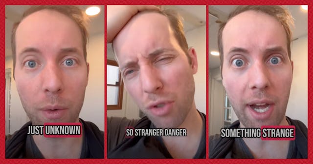Three panels of Jon Fogel explaining Stranger Danger on TikTok.