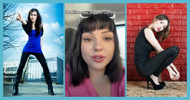 A collage featuring three women: one standing confidently outdoors in a blue top, the second close-u...