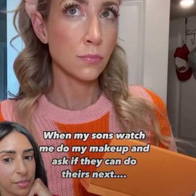 A woman with long, wavy hair and a pink headband looks thoughtfully at an orange makeup palette. A smaller inset image shows another woman smiling. Text humorously suggests her sons want to try makeup too.