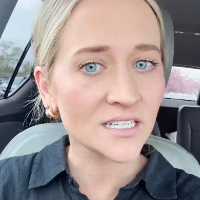 A woman with blonde hair and blue eyes speaks in a car, sharing her reasons for not bringing snacks for her toddler. Text overlays reflect her thoughts.