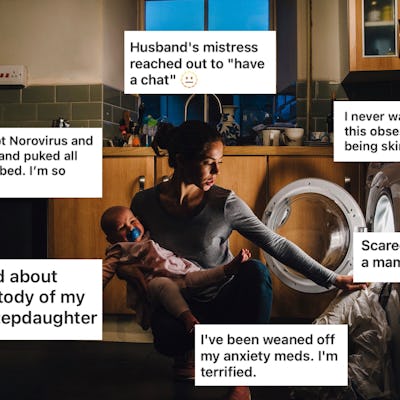 A woman sits in a laundry room, holding a baby, looking concerned. Surrounding her are text snippets expressing various personal challenges and feelings.