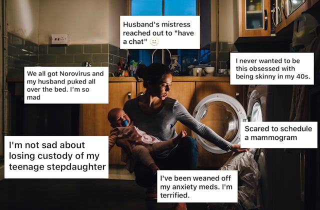 A woman sits in a laundry room, holding a baby, looking concerned. Surrounding her are text snippets...