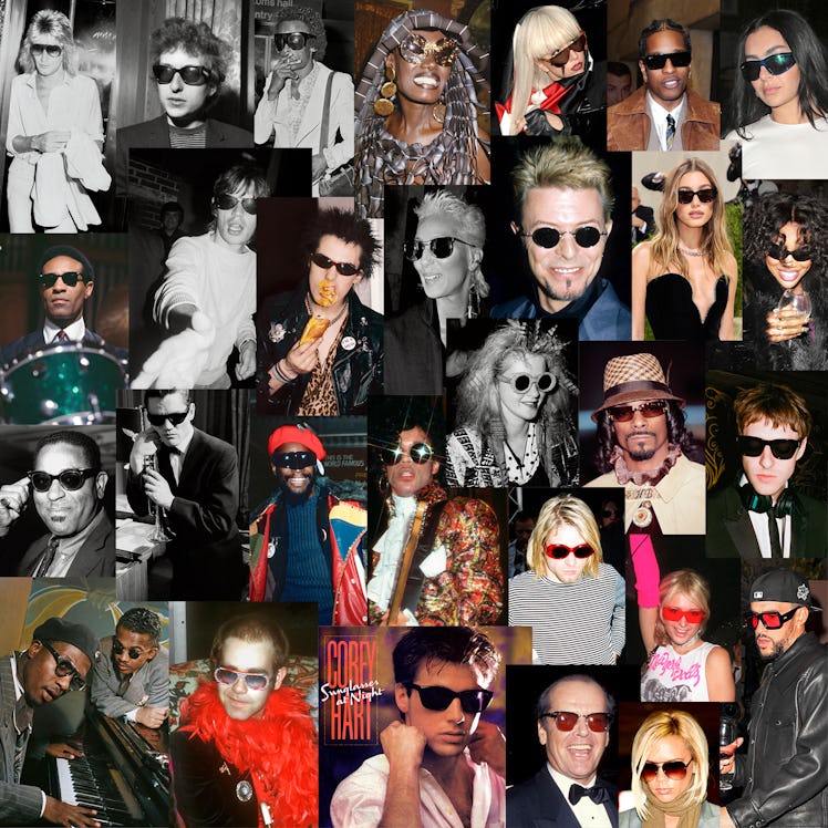 A collage of stars from the 1940-present wearing sunglasses at night