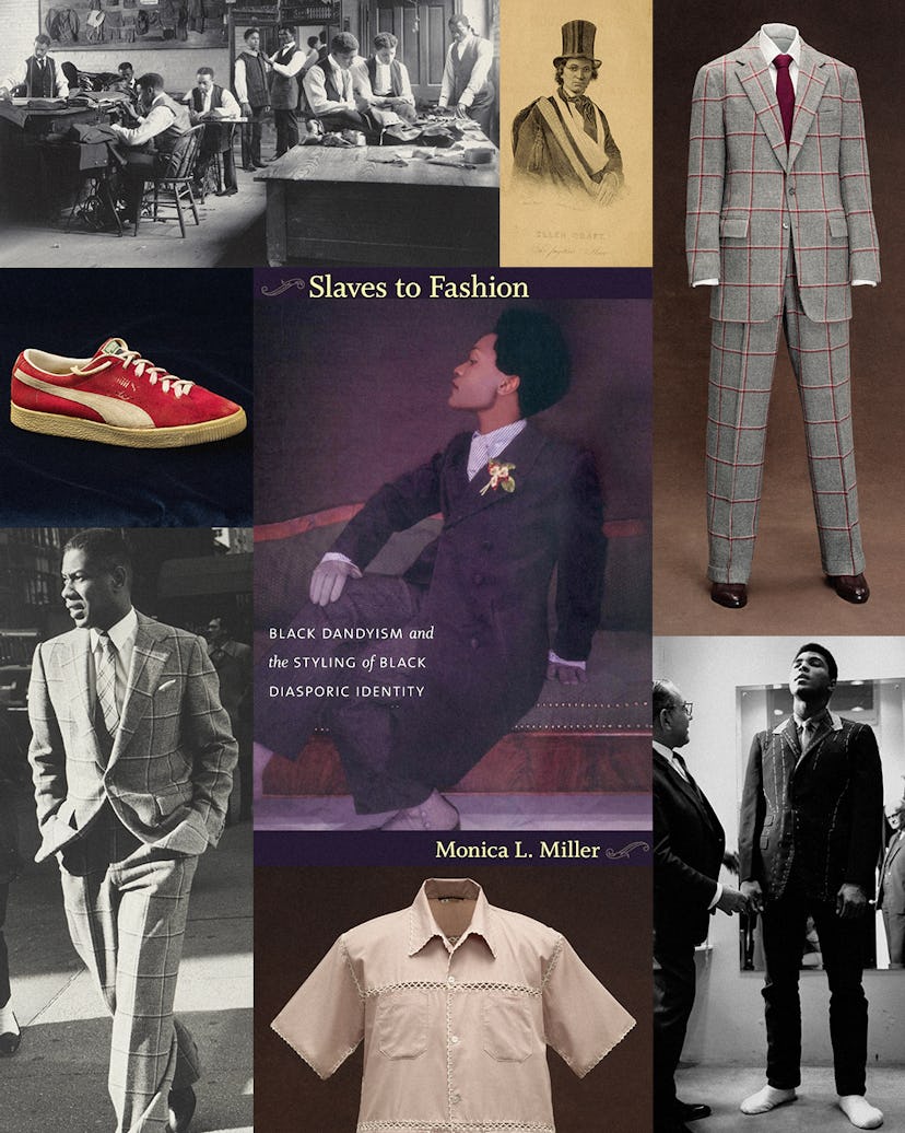 A collage of items, photographs, and fashion from the Metropolitan Museum's exhibition. In the cente...