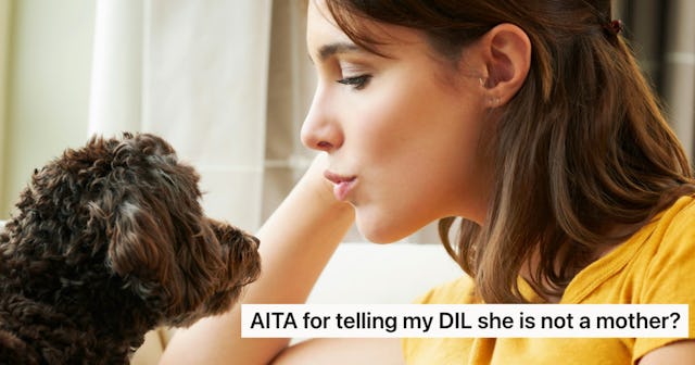 A woman sits indoors, looking intently at a small dog beside her. A caption asks if she is wrong for...