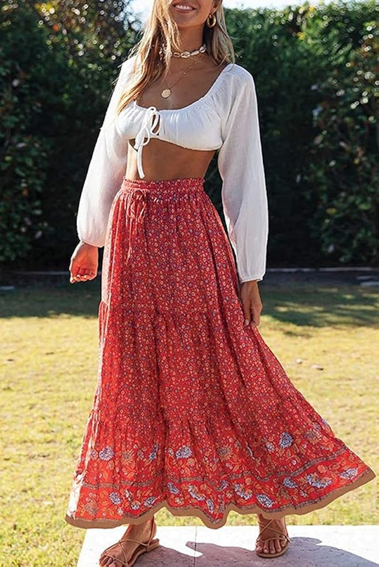 MEROKEETY Pleated A Line Maxi Skirt