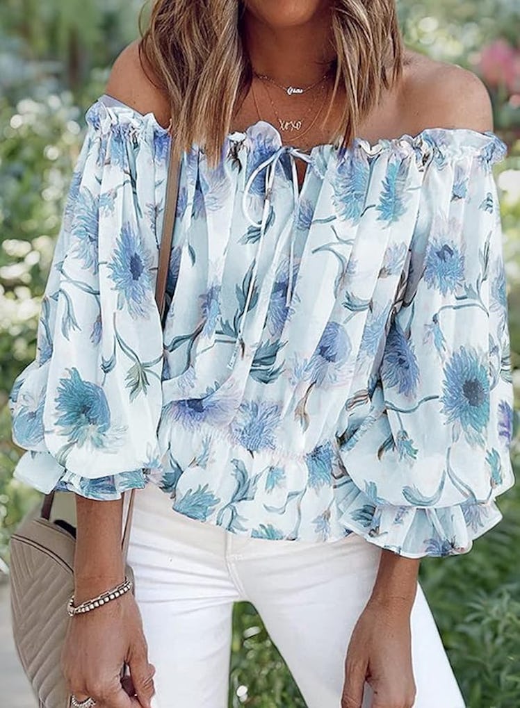 BLENCOT Ruffle Sleeve Floral Chiffon Off Shoulder Top