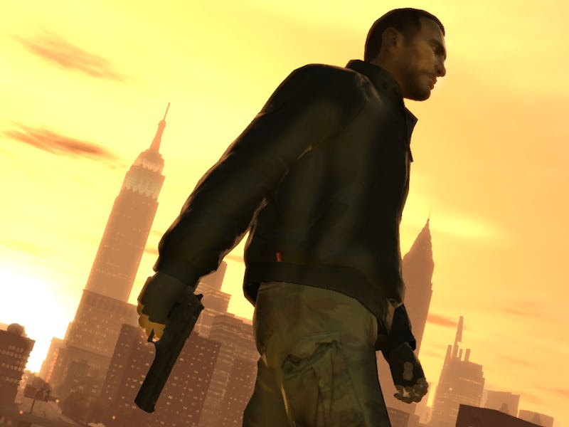 Nike Bellic walks with a pistol in hand with the Algonquin skyline behind him in the distance.