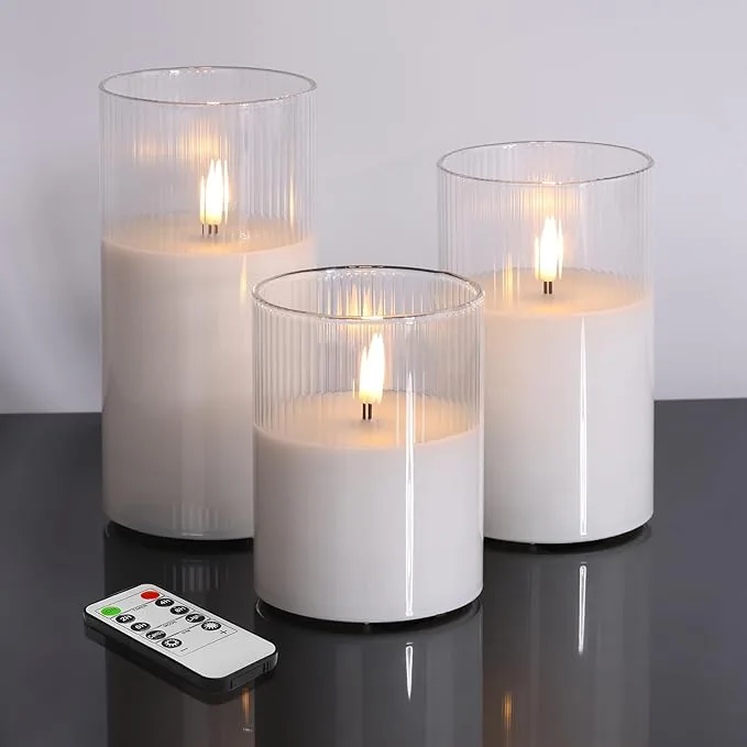 Eywamage Ribbed Glass Flameless Candles with Remote (Set Of 3)
