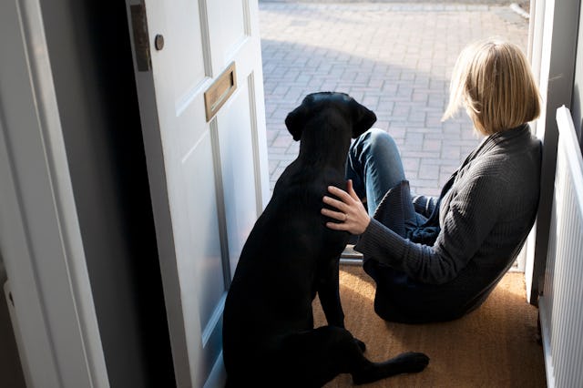 A person with short blonde hair sits by an open door on a mat, gently petting a black dog beside the...
