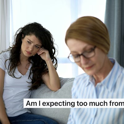 A woman with dark curly hair looks pensive while sitting beside an older woman with glasses. Text overlay questions expectations from grandparents.