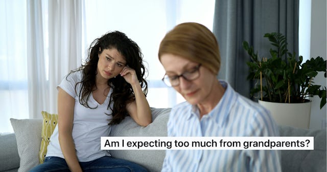 A woman with dark curly hair looks pensive while sitting beside an older woman with glasses. Text ov...