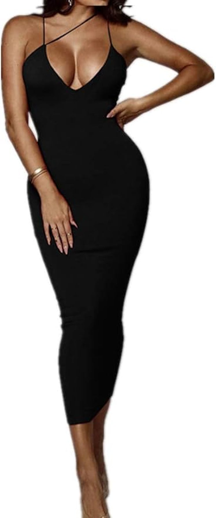 PRIMODA Asymmetrical Spaghetti Strap Midi Dress
