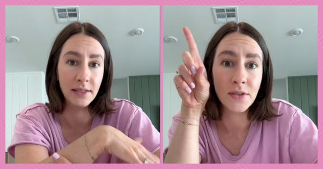 A woman with shoulder-length brown hair is shown in two images. In the first, she gestures with her ...