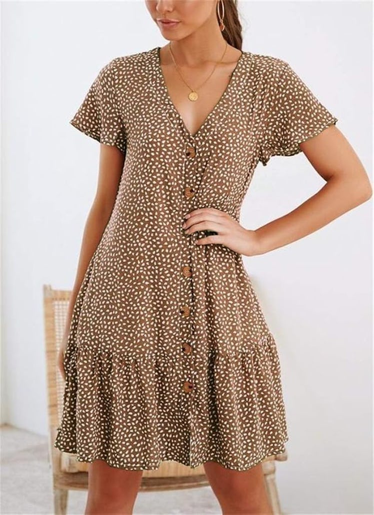 Imysty V-Neck Button Down Ruffle T-Shirt Dress