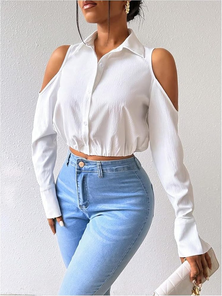 SweatyRocks Cold Shoulder Cropped Button Down Top
