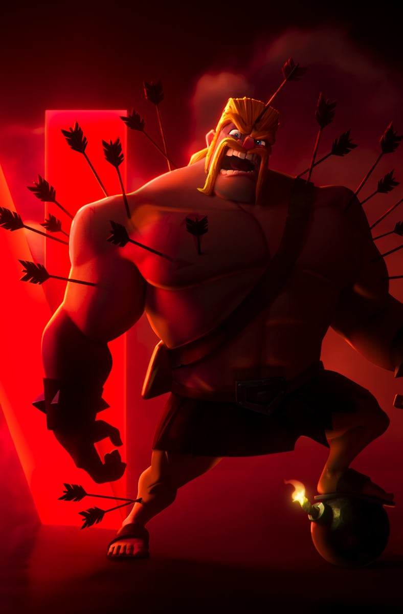 A muscular Clansman stand in front of the Netflix glowing red 'N'