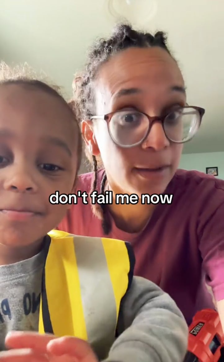 A woman with glasses and a child in a safety vest are close to the camera, both smiling. Text overlay says, "don't fail me now," indicating a playful moment.
