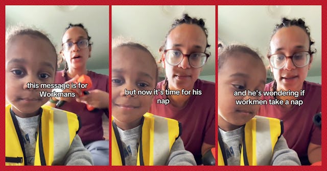 A mother and her child, both smiling, talk about naps. The child wears a safety vest, while the moth...