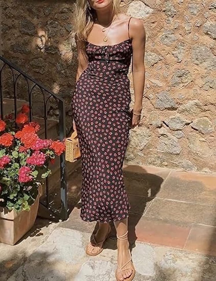 Omoone Square Neck Spaghetti Strap Floral Dress