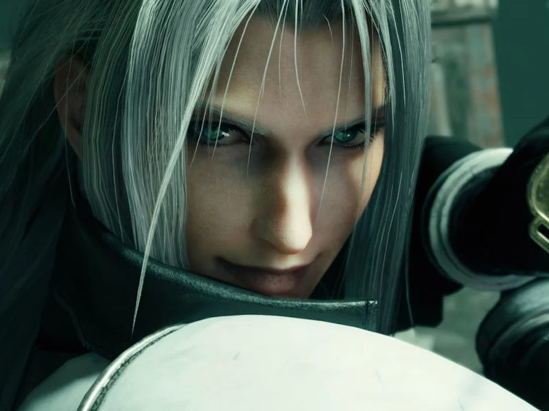 A close-up of a character with long silver hair and piercing eyes, holding a sword. The background i...