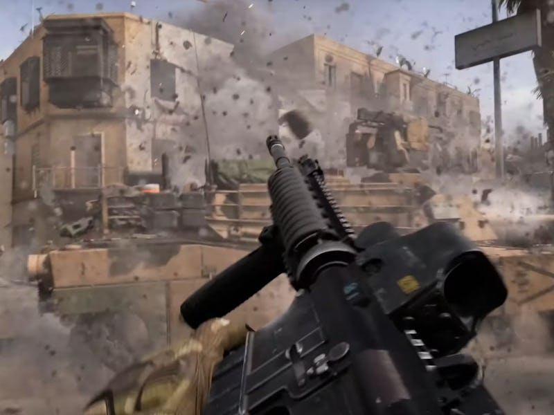 A soldier aims an assault rifle amidst exploding debris and smoke, with a military vehicle and a bui...