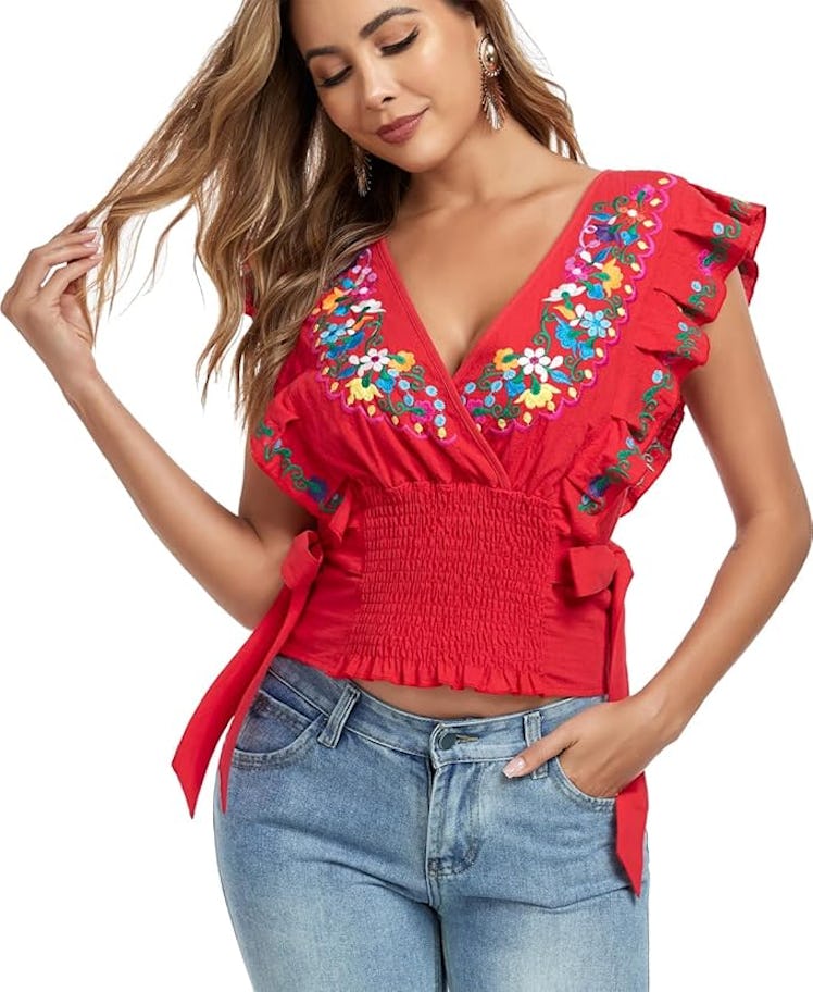 YZXDORWJ Embroidered Off-Shoulder Top