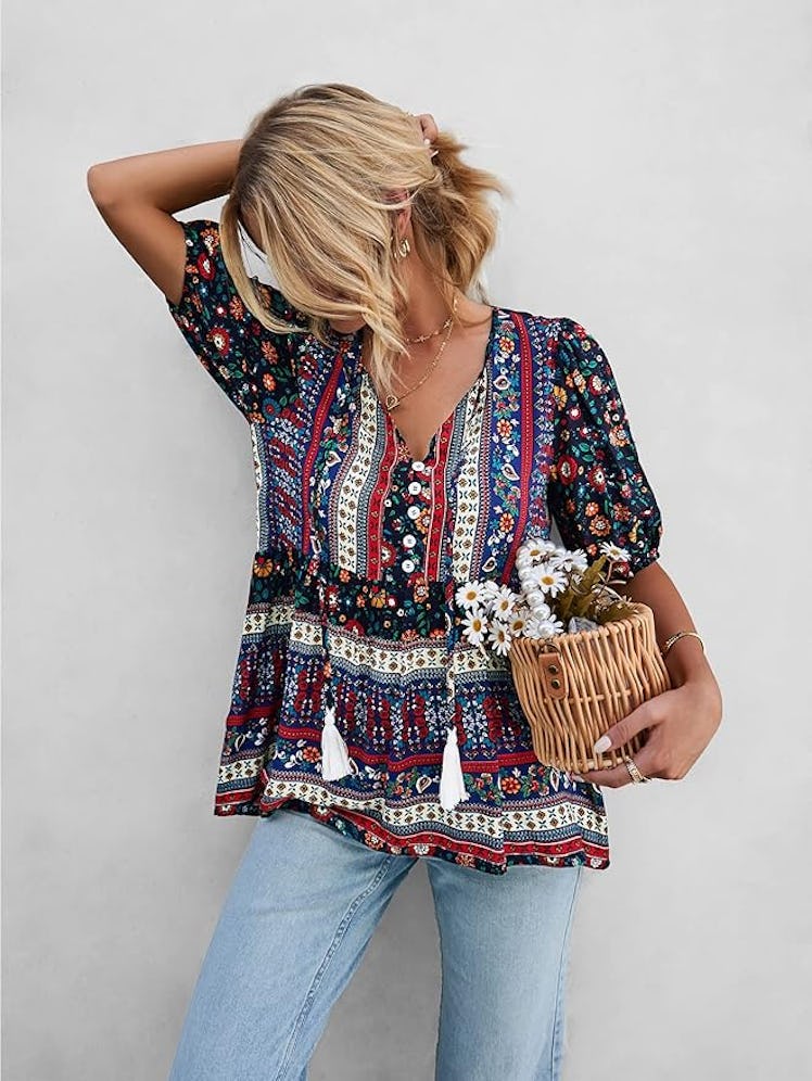 KAYWIDE V-Neck Loose Floral Blouse
