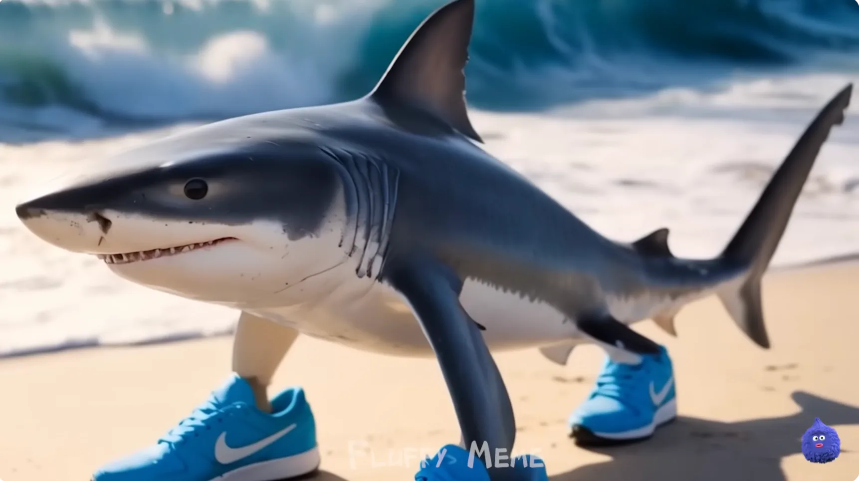 A cartoon shark wearing bright blue sneakers stands on a sandy beach, with ocean waves crashing in the background.