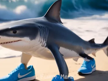 A cartoon shark wearing bright blue sneakers stands on a sandy beach, with ocean waves crashing in t...