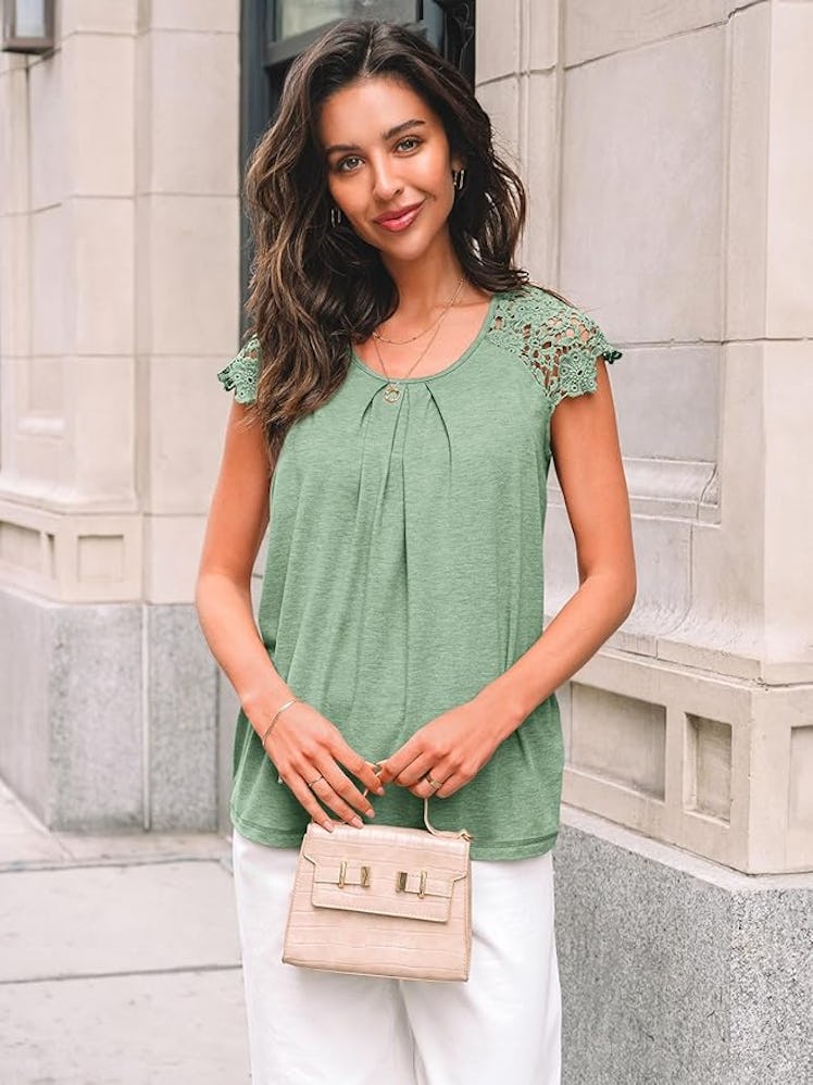 AUTOMET Pleated Lace Sleeve Blouse