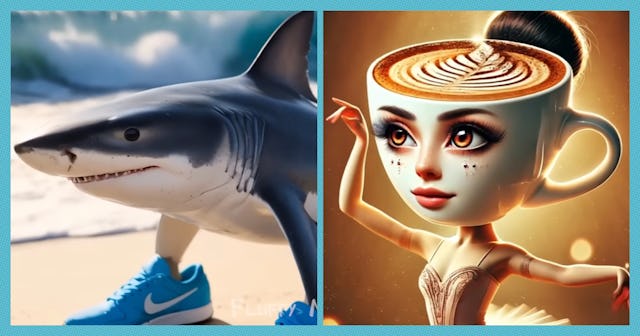 A cartoonish shark wearing blue sneakers is shown on the left, while a whimsical character resemblin...