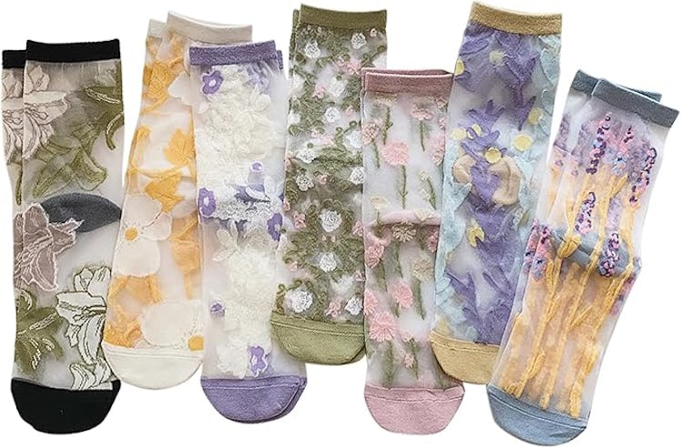 MTKAEWU Floral Sheer Socks (7 Pairs)