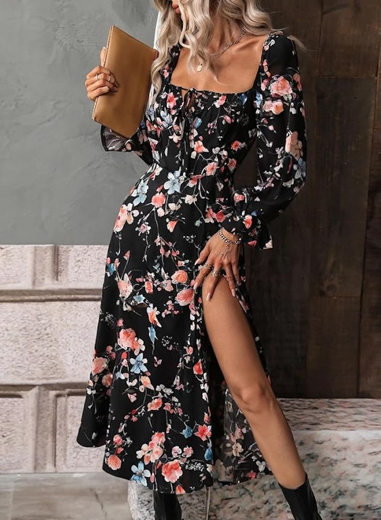 BLENCOT Square Neck Long Sleeve Floral Midi Dress