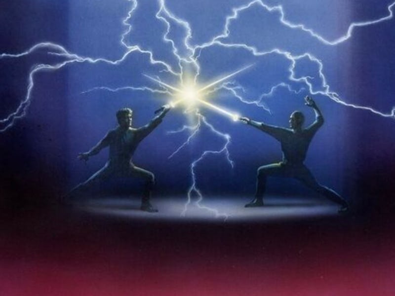 Detail of the cover art for 'Q Squared' in 1994; Trelane battles Picard in a sword fight.