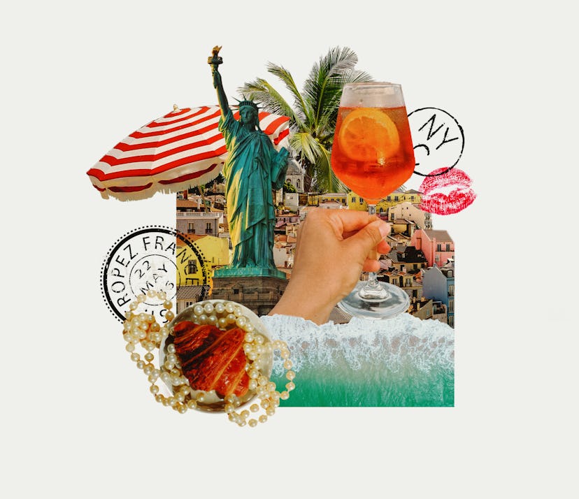 A collage of European and American signifiers, including the Statue of Liberty, croissants, and an A...