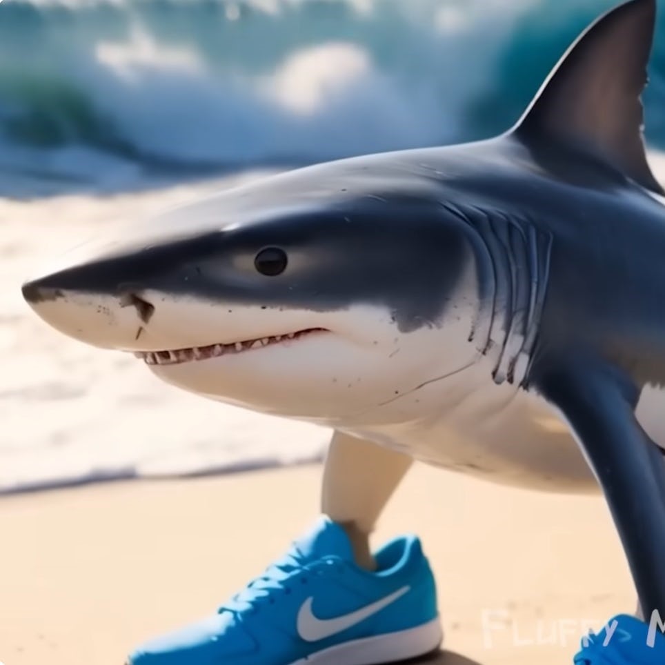 A cartoon shark wearing bright blue sneakers stands on a sandy beach, with ocean waves crashing in the background.